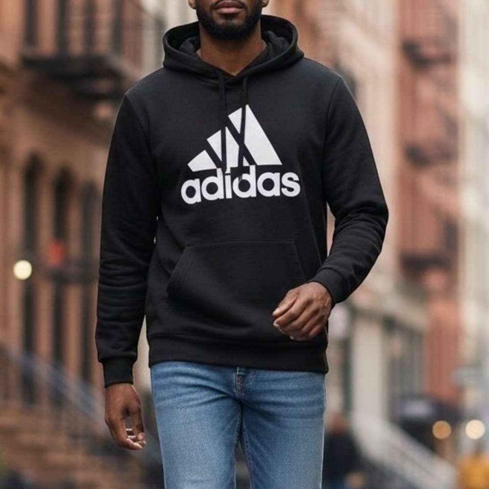 Adidas Hoodie Pullover Men Medium Black Fleece Big Logo Essentials M